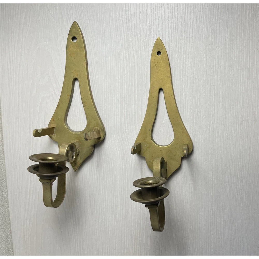 Vintage pair of brass candlestick wall sconces